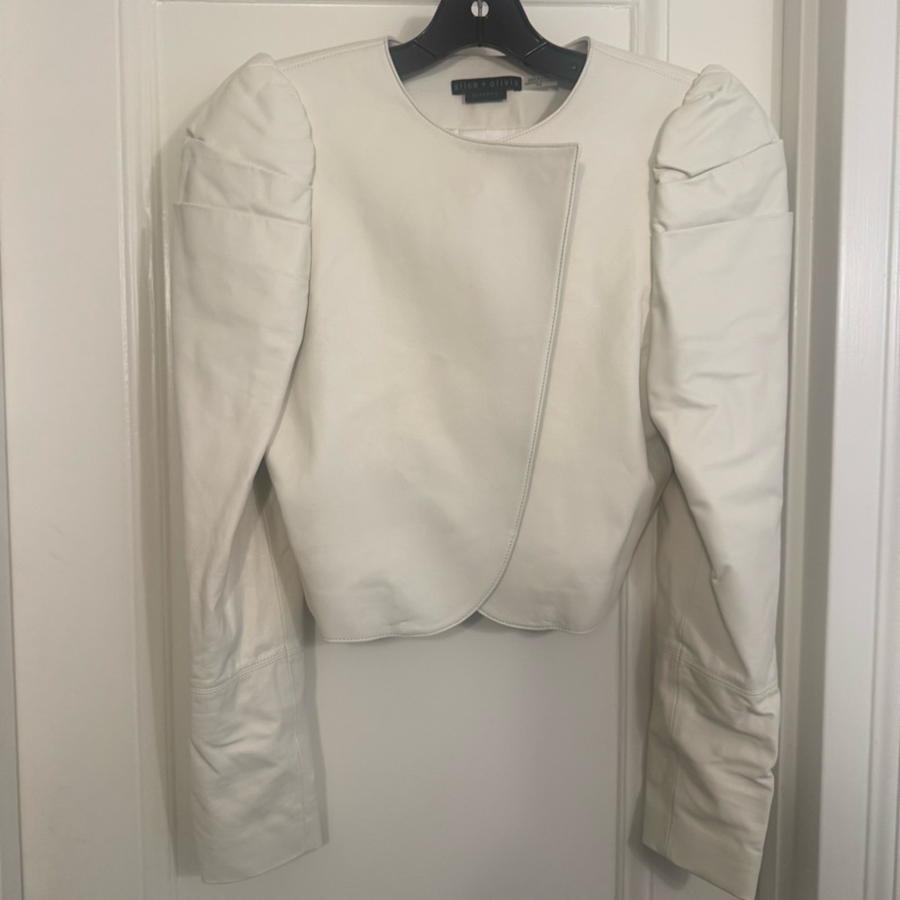 Alice + Olivia Cream Leather Jacket with Puff Sleeves - Size M